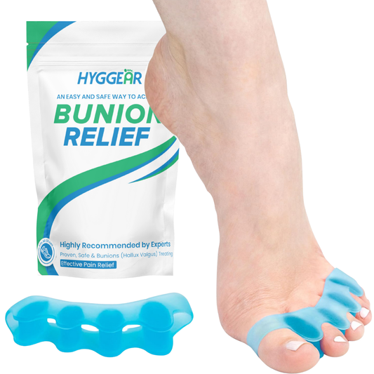 Hyggean bunion relief product with packaging and a foot wearing the device.